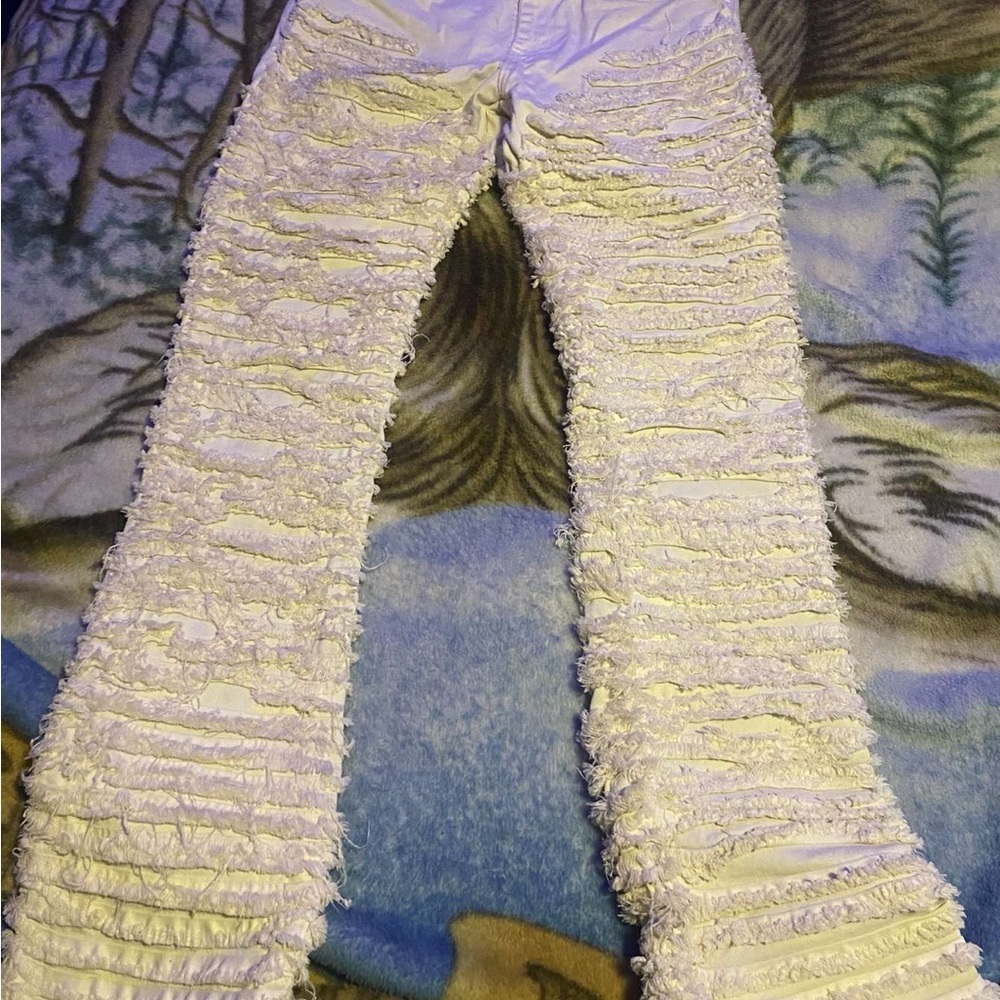 Men’s Cream Distressed Textured Denim Jeans – Statement Streetwear